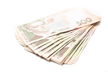 Ukrainian money on a white background. Banknotes five hundred hryvnias. Ukraine. Credit. The crisis. Finance