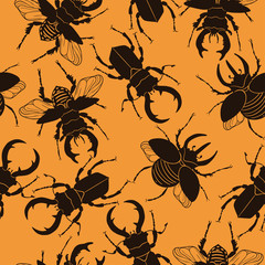 Seamless pattern with deer beetles and rhinoceros beetles .Vector graphic.