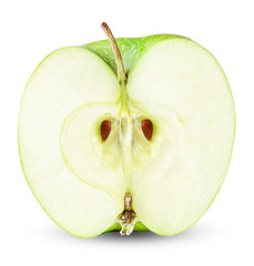 Half ripe green apple Isolated on a white background. Clipping path. An element of your design.