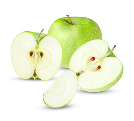 Composition of whole, halves and quarters of a ripe green apple isolated on a white background. Balanced Still Life. Clipping path.
