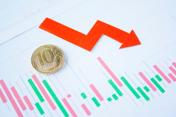 ten rouble coin on currency graph with red arrow down. exchange rate chart. ruble depreciation. Exchange rate of rouble fall. Rouble to dollar