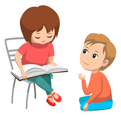 Little girl reading book to boy sitting on floor isolated on white. Elementary school kids, cute children cartoon characters flat vector illustration