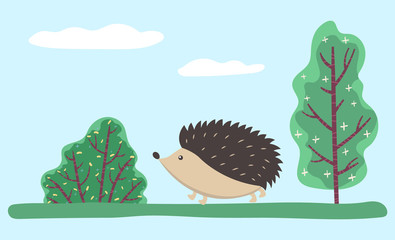 Small hedgehog walking on grass in lawn or wood. Wild animal with prickly coat, needles. Cute cartoon character stroll in forest. Countryside nature with spruces and trees. Vector illustration in flat © robu_s