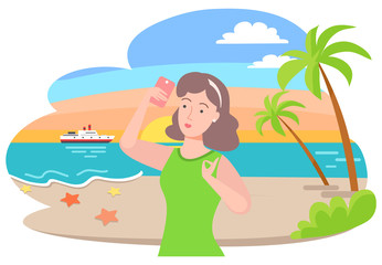 Obraz na płótnie Canvas Young woman on beach taking selfie on smartphone camera. Ship sailing in ocean, seashore with palm trees. Summer recreation resort photo vector illustration