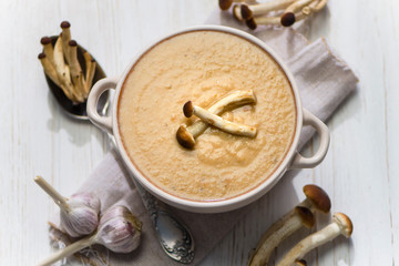 mushroom soup puree with vegetables on chicken broth