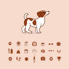 Jack Russell Terrier. Cute dog character with icon set. Vector illustration in cartoon style for poster, postcard. 
