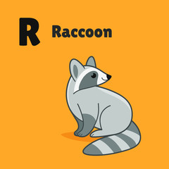 Cartoon raccoon, cute character for children. Vector illustration in cartoon style for abc book, poster, postcard. Animal alphabet - letter R.