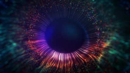 Human multicolored iris of the eye animation concept. Rainbow lines after a flash scatter out of a bright white circle and forming volumetric a human eye iris and pupil. 3d rendering background in 4K.