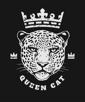 Queen cat. The crown and face of a leopard T-shirt print design on a dark background. Vector illustration.