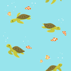 Simple trendy seamless pattern with turtle and coral fish. Flat illustration.