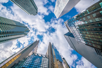 Looking up shot of downtown financial district with skyscrapers in  Toronto