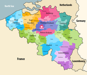 Belgium administrative districts vector map with neighbouring terrotories