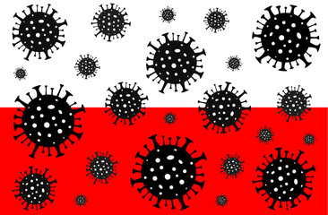 Coronavirus in Poland. Coronavirus danger. Novel coronavirus (2019-nCoV), Abstract virus strain model. Coronavirus on the background of the flag of Poland