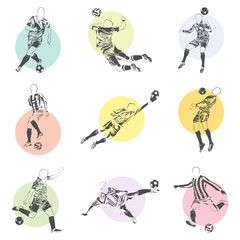 vector set of football (soccer) players illustrations icons with colorful poster elements on background © brichuas