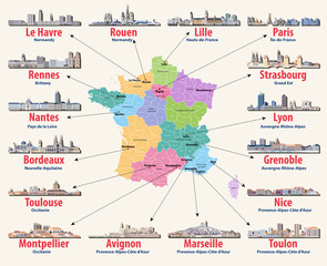 vector map of France with main cities on it. French cities skylines detailed icons