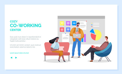 Cozy co-working center online for man and woman communicating with laptop and diagram report. People working in comfortable web office. Website or webpage template, landing page flat style vector