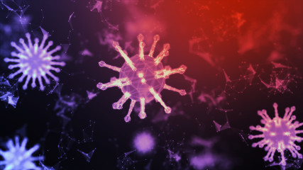 Obraz premium 3D Rendering wireframe virus for Covid-19 Coronavirus outbreak concept, virus 2019-ncov flu outbreak, 3D medical of floating influenza virus cells in microscopic view, World pandemic risk concept