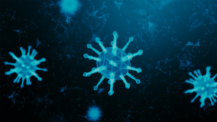 Fototapeta na wymiar 3D Rendering wireframe virus for Covid-19 Coronavirus outbreak concept, virus 2019-ncov flu outbreak, 3D medical of floating influenza virus cells in microscopic view, World pandemic risk concept