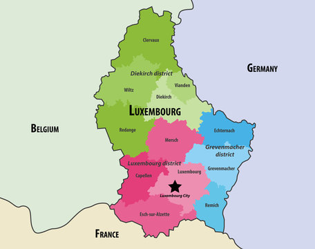 map of Luxembourg cantons colored by districts, with neighbouring countries. Vector illustration