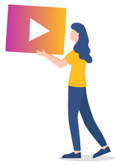 Female character and social media interaction. Isolated woman with video play button. Blogger posting on blog. Innovative technologies and applications. Lady spending time online vector in flat