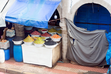 Food display with olives and eggs, medina, Essaouira, Morocco 