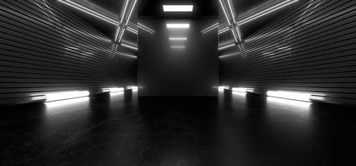Dark tunnel with bright white neon lights on a black background. 3d rendering image.