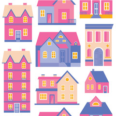 seamless pattern with houses, trees and hand drawn elements, vector illustration. Pink cozy house for paper, textile and others.