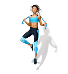 Sporty girl with elastic resistance band in motion. Photo of african american girl in fashionable sportswear on white background. Dynamic movement. Full length. Sports and healthy lifestyle