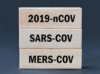 2019-nCOV, SARA-COV, MERS-COV words on wooden blocks