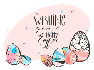 Hand drawn vector abstract graphic rustic textured collage Happy Easter cute greeting card template and Easter eggs illustration with handwritten calligraphy isolated on pastel background