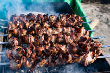 Mouth- watering skewers of pork with a toasted Golden crust and smoke flavor. Barbecue with coals in the yard in nature with cooked meat on skewers