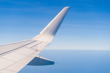 Aerial view wing of airplane from window seat.