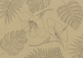 Hibiscus and plant illust drawn on kraft paper