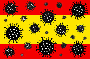 Coronavirus in Spain. Coronavirus danger. Novel coronavirus (2019-nCoV), Abstract virus strain model. Coronavirus on the background of the flag of Spain