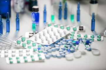 Pharmaceutical medication and medicine pills in packs