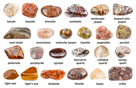 collection of various brown gemstones with names