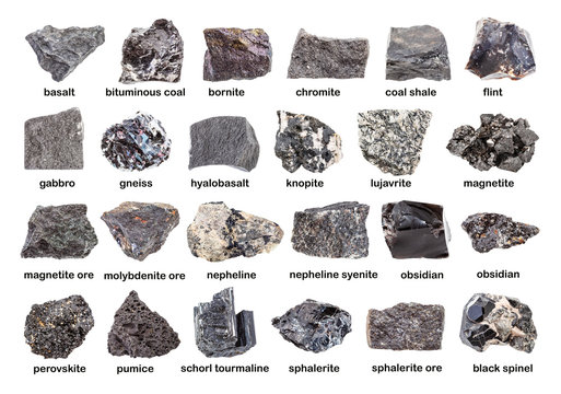 set of various dark unpolished minerals with names