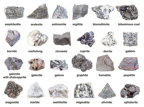 set of various gray unpolished rocks with names