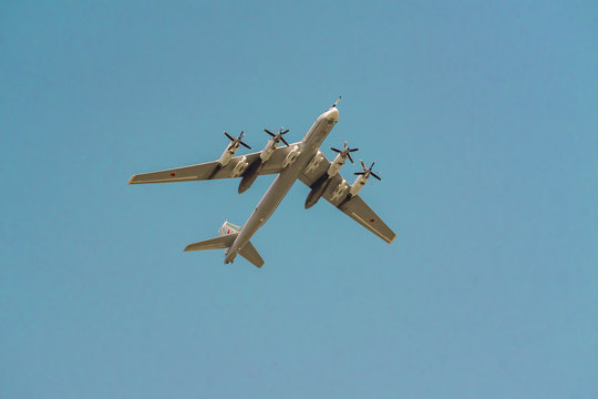 Moscow, Russia - May 04, 2018: Russian strategic bomber Tupolev Tu-95 during Victory Day parade rehearsal