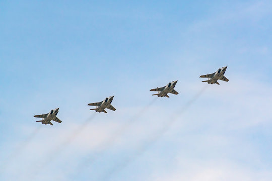  Moscow, Russia - May 04, 2018: Russian Air Force Mig-31 foxhound supersonic interceptor aircraft during Victory Day parade rehearsal