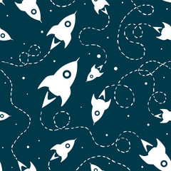 Space seamless pattern of rocket and stars