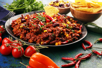 Hot chili con carne. mexican food tasty and spicy wit beans