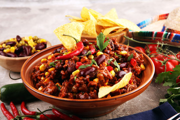 Hot chili con carne. mexican food tasty and spicy wit beans