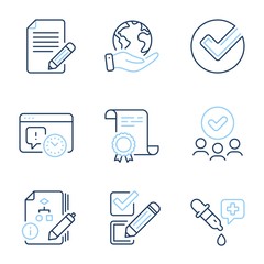 Article, Algorithm and Chemistry pipette line icons set. Diploma certificate, save planet, group of people. Project deadline, Checkbox and Verify signs. Feedback, Project, Laboratory. Vector
