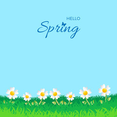 Spring design background. Card for spring season with frame and flowery field. Vector illustration for cover or poster