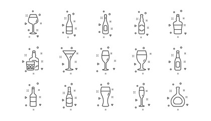 Beer drinks, Wine glass and Whiskey bottle. Bottles line icons. Champagne linear icon set. Geometric elements. Quality signs set. Vector