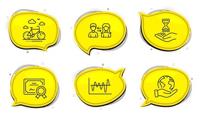 Bike rental sign. Diploma certificate, save planet chat bubbles. People communication, Time hourglass and Stock analysis line icons set. People talking, Sand watch, Business trade. Bicycle. Vector