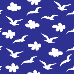 Summer background with vector seagulls and clouds on a dark blue seamless pattern background