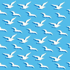 Summer background with vector seagulls on a blue background seamless pattern