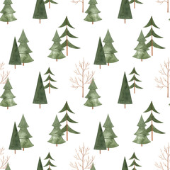 Watercolor hand drawn seamless pattern with abstract winter trees. Coniferous forest modern print isolated on white background good for wallpaper, textile, print etc.